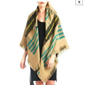 Tartan Plaid Knit Buckle Closure Frayed Edge Blanket Scarf Cape Shawl Wrap OS